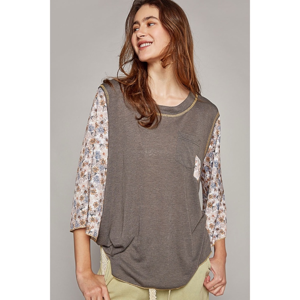 POL Charcoal Slub Knit Scoop Neck Top with Floral Sleeves